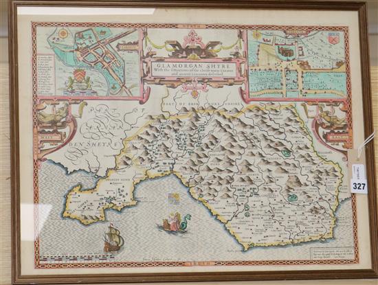 John Speed (1552-1629), a map of Glamorganshire, later hand-coloured, plate size 38.5 x 51cm